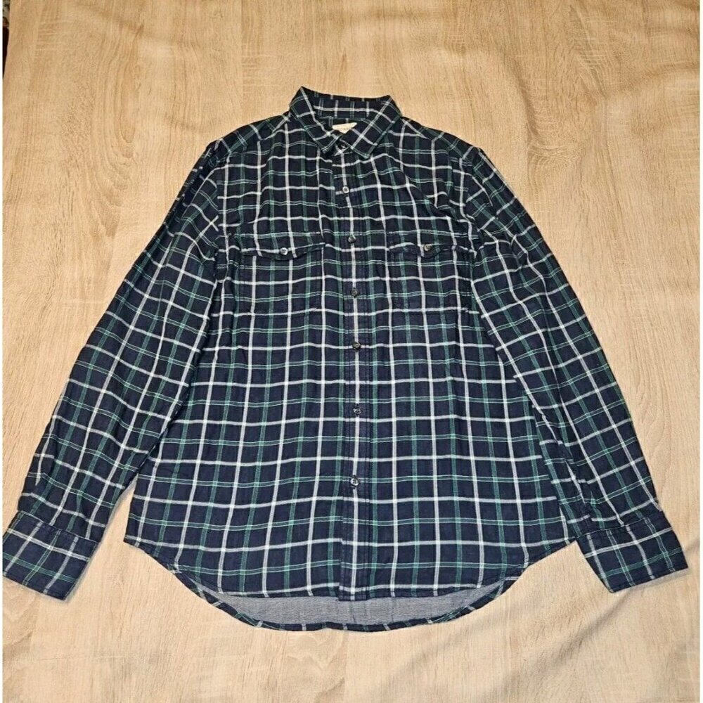 Old Navy Mens Blue Green Cotton Plaid Roll Tap Sleeves Button Up Shirt Size M